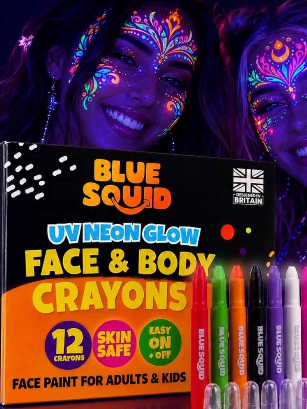 UV Neon Body Crayons - 12 Vibrant Colors Twistable & Washable Face Paint